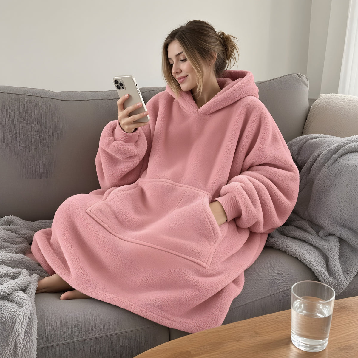 Woman curled up on couch in pink oversized blanket hoodie scrolling her phone