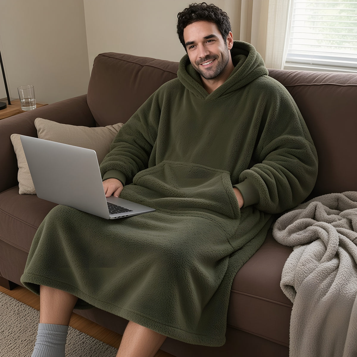 Man relaxing on couch with laptop wearing army green oversized blanket hoodie