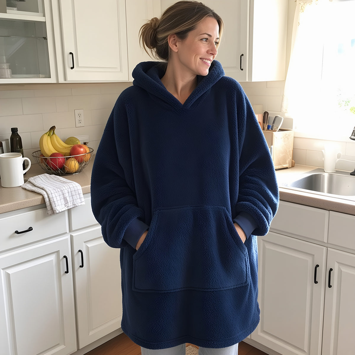 Woman wearing navy oversized blanket hoodie with hands in giant pocket in kitchen