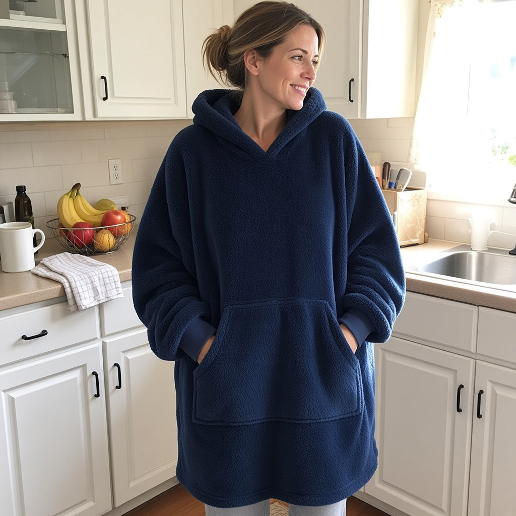 Woman wearing navy oversized blanket hoodie with hands in giant pocket in kitchen