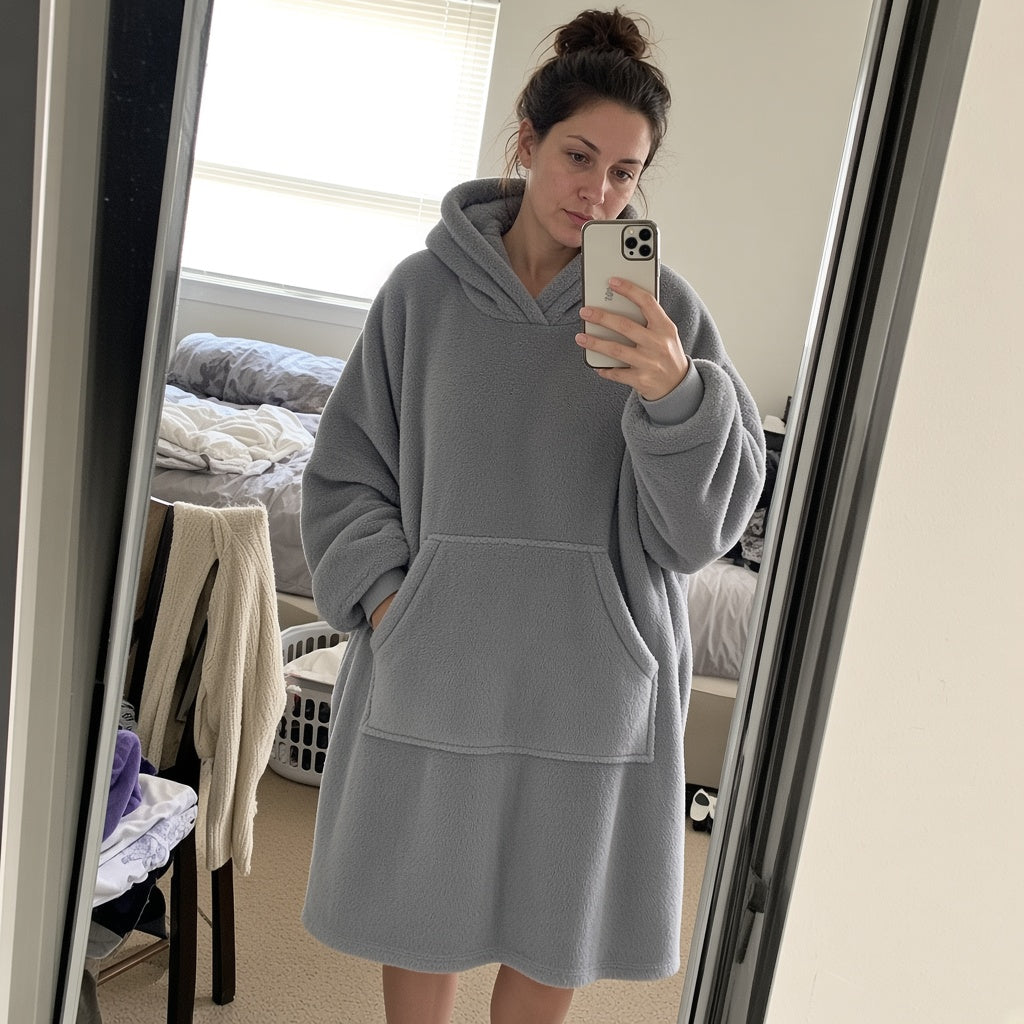 Woman taking mirror selfie in grey oversized blanket hoodie with giant front pocket