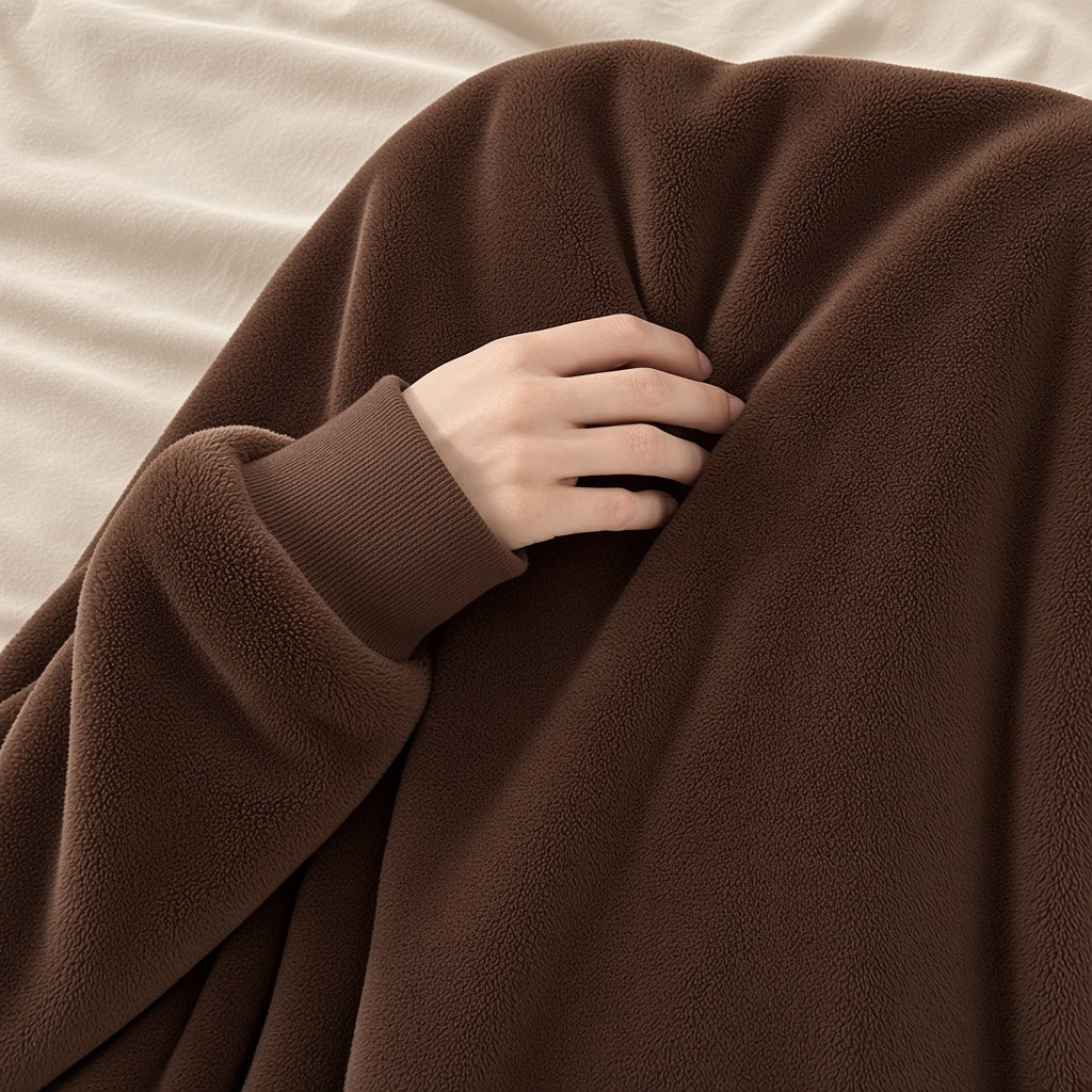 Close-up of coffee brown plush fleece blanket hoodie sleeve with ribbed cuff