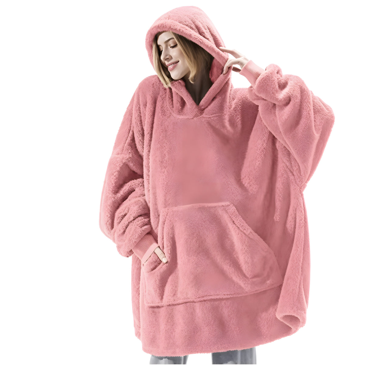 Pink oversized blanket hoodie with giant pocket, front view