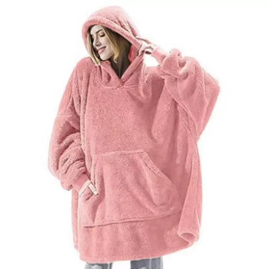Pink oversized blanket hoodie with giant pocket, front view