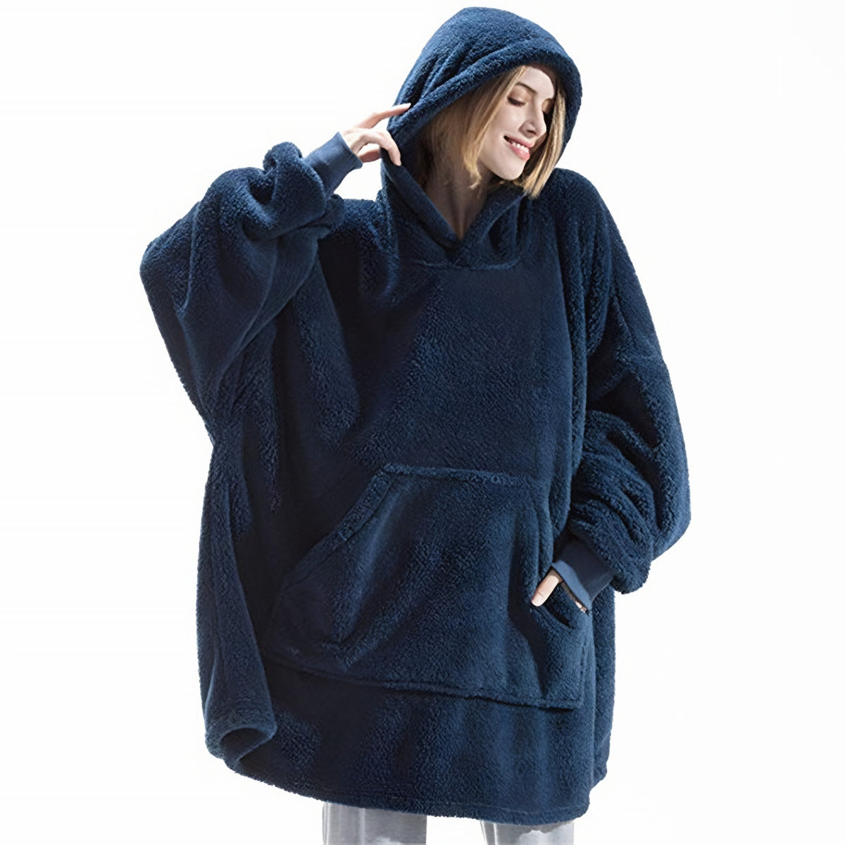 Navy blue oversized blanket hoodie with giant pocket, front view
