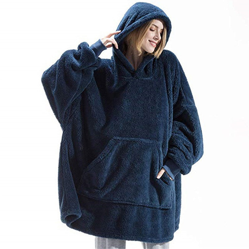 Navy blue oversized blanket hoodie with giant pocket, front view