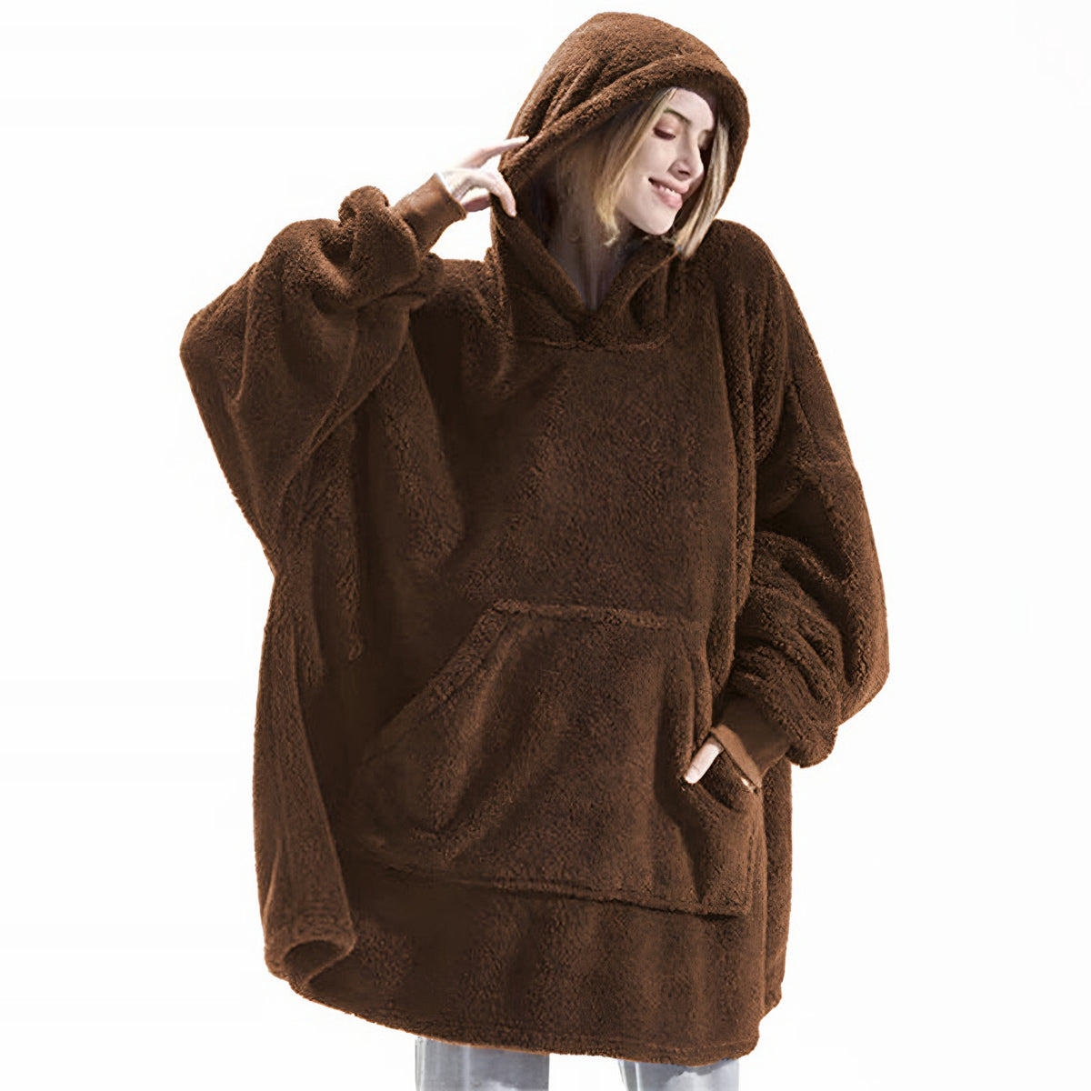 Coffee brown oversized blanket hoodie with giant pocket, front view