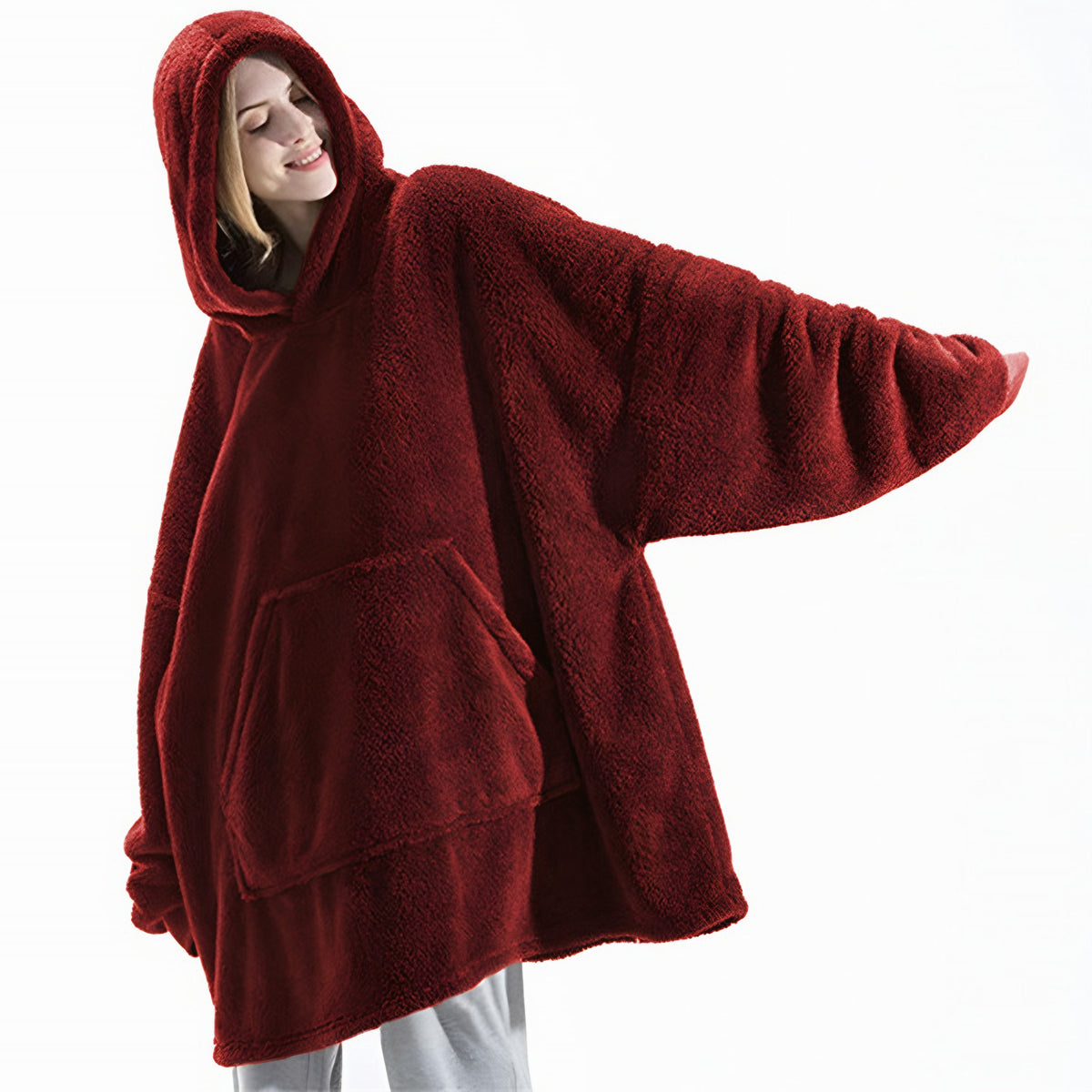 Wine red oversized blanket hoodie with giant pocket and wide sleeves