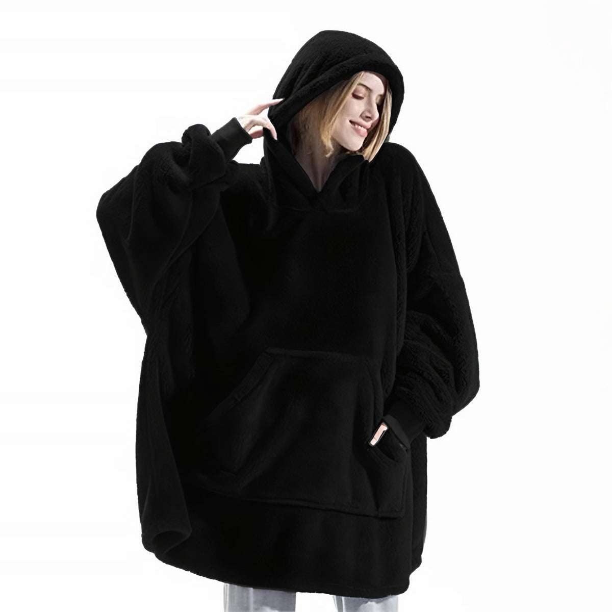 Black oversized blanket hoodie with giant pocket, front view