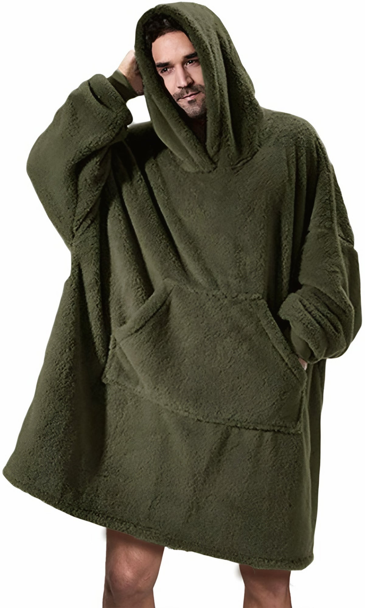 Army green oversized blanket hoodie worn by man, front view