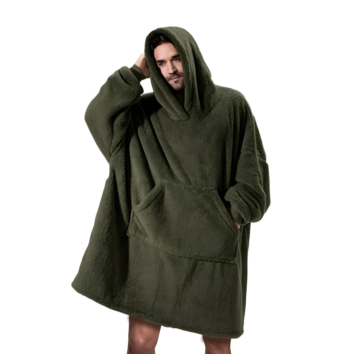 Army green oversized blanket hoodie worn by man, front view