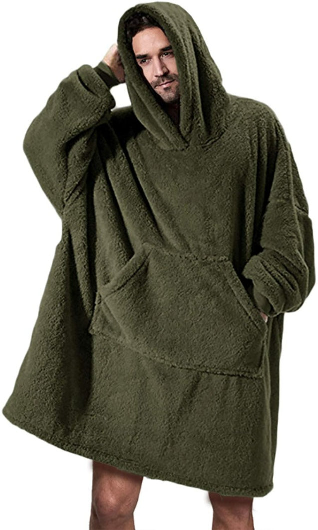 Army green oversized blanket hoodie worn by man, front view